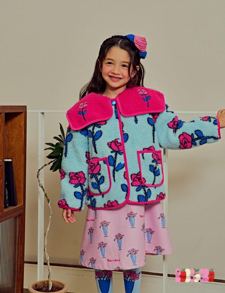 In Stock! BE23 Girls' Lamb Wool Reversible Set - Cozy Rose Flower Jacket for Autumn and Winter