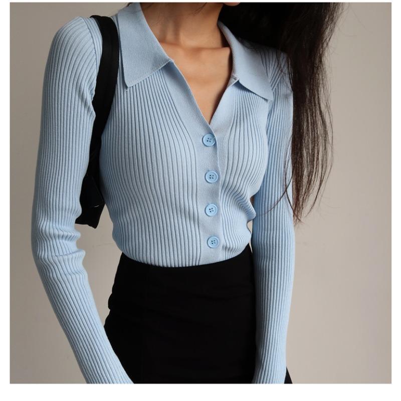 Women Lapel Slim Thin Jacket Buckle Sexy V-neck Long-sleeved POLO Collar Knitted Cardigan Sweater