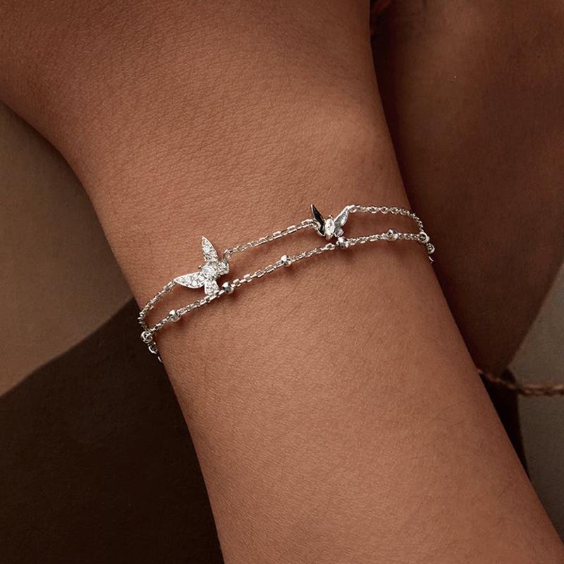 WOSTU 925 Sterling Silver Cubic Zirconia CZ Bridal Butterfly Adjustable Bracelet for Women Double Layer Butterfly Charm Bracelet
