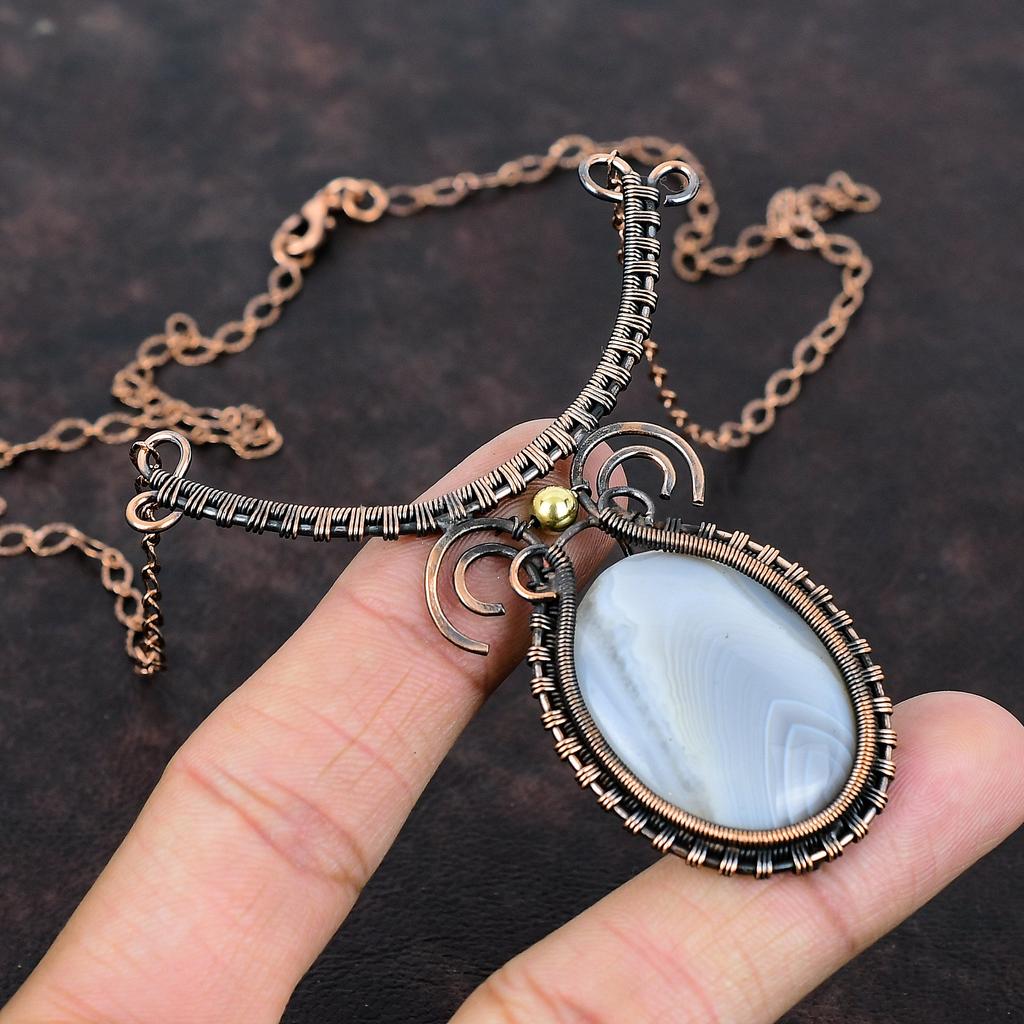 Mexican Laguna Lace Agate Necklace Copper Wire Wrapped Necklace Adjustable Necklace Handmade Jewelry Gemstone Necklace Copper Wire Jewelry