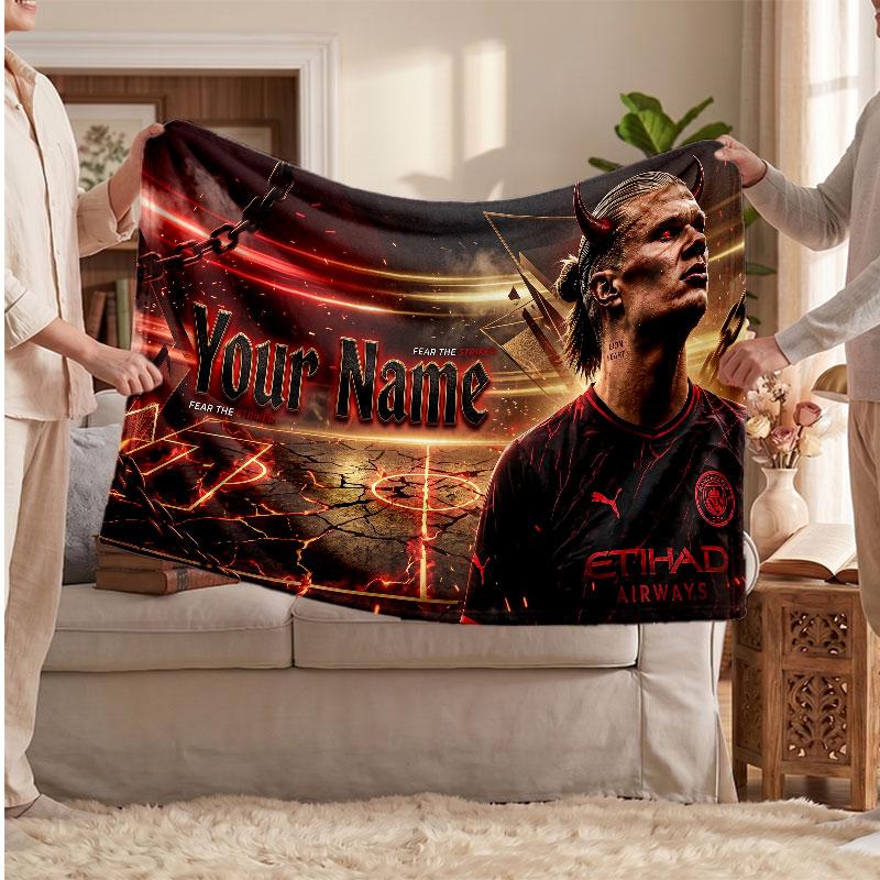 Erling Haaland Personalized Fleece Blanket With Football Logo, Custom Name Text Soft Warm Home Throw Blanket