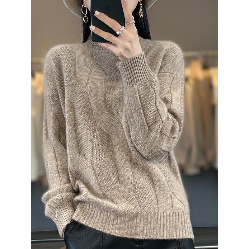 2024 Women's 100% Wool Half-High Collar Twist Sweater - Thick, Solid Color, Loose Fit, Slim Knit