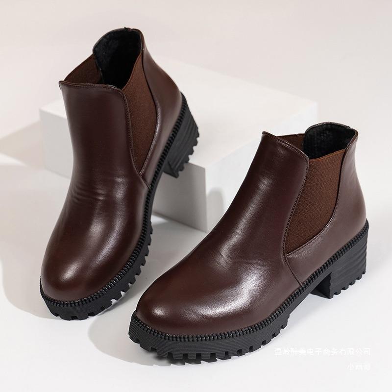 Autumn and Winter New Elastic Band Thick Heel Short Martin Boots Women's Cross-border Round Head Thick Heel Casual Fashion Leather Boots
