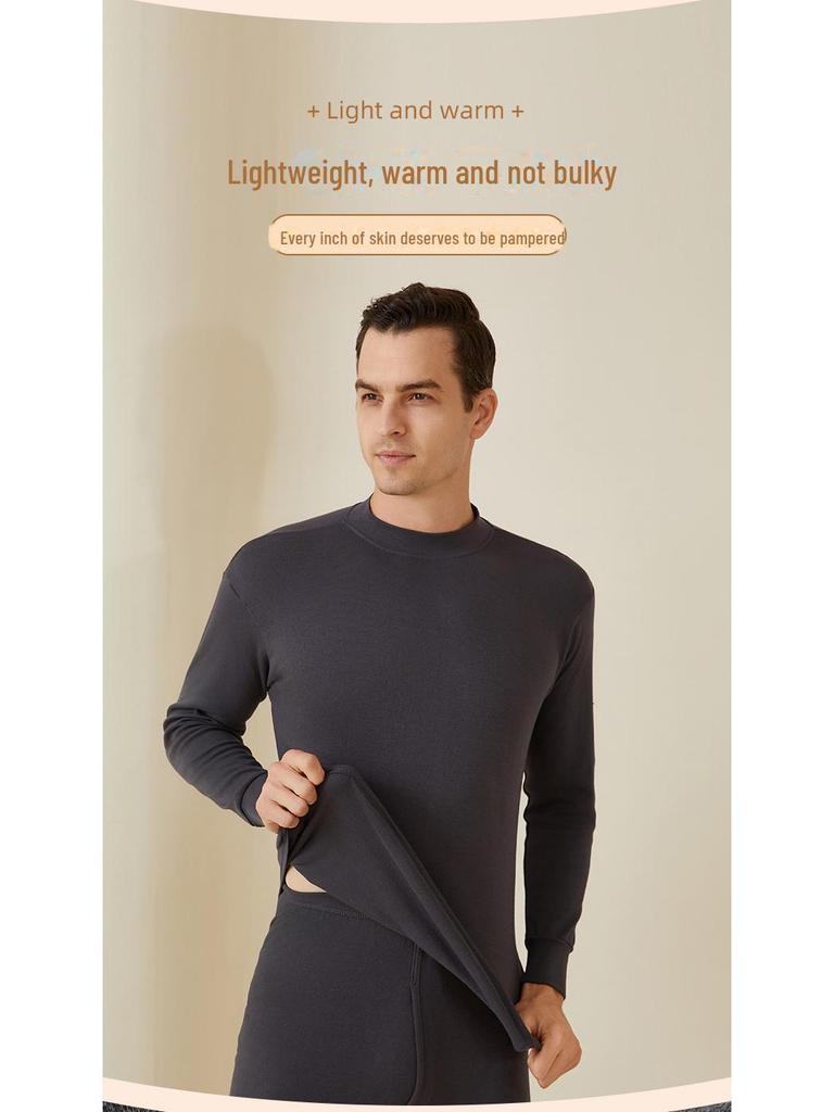 Arctic Fleece Cotton Men's Thermal Underwear Set: Lightweight Autumn/Winter Half-High Collar Top & Pants