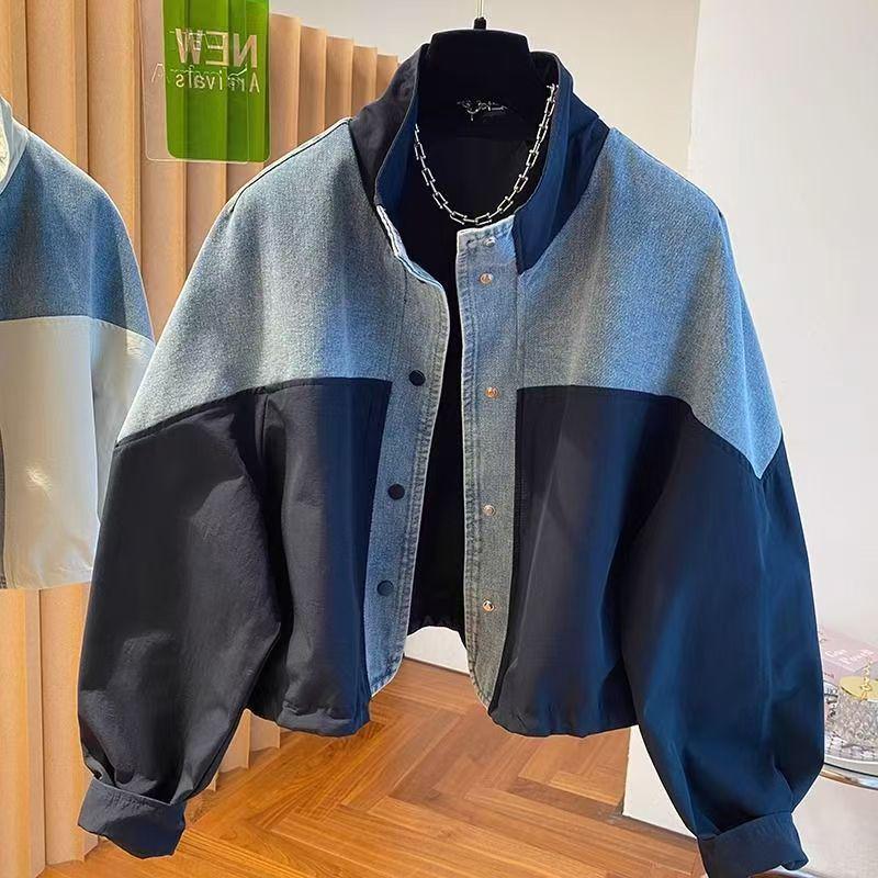Women's European Patchwork Denim Jacket, Stand-Up Collar, Casual Short Style for Spring and Autumn 2025