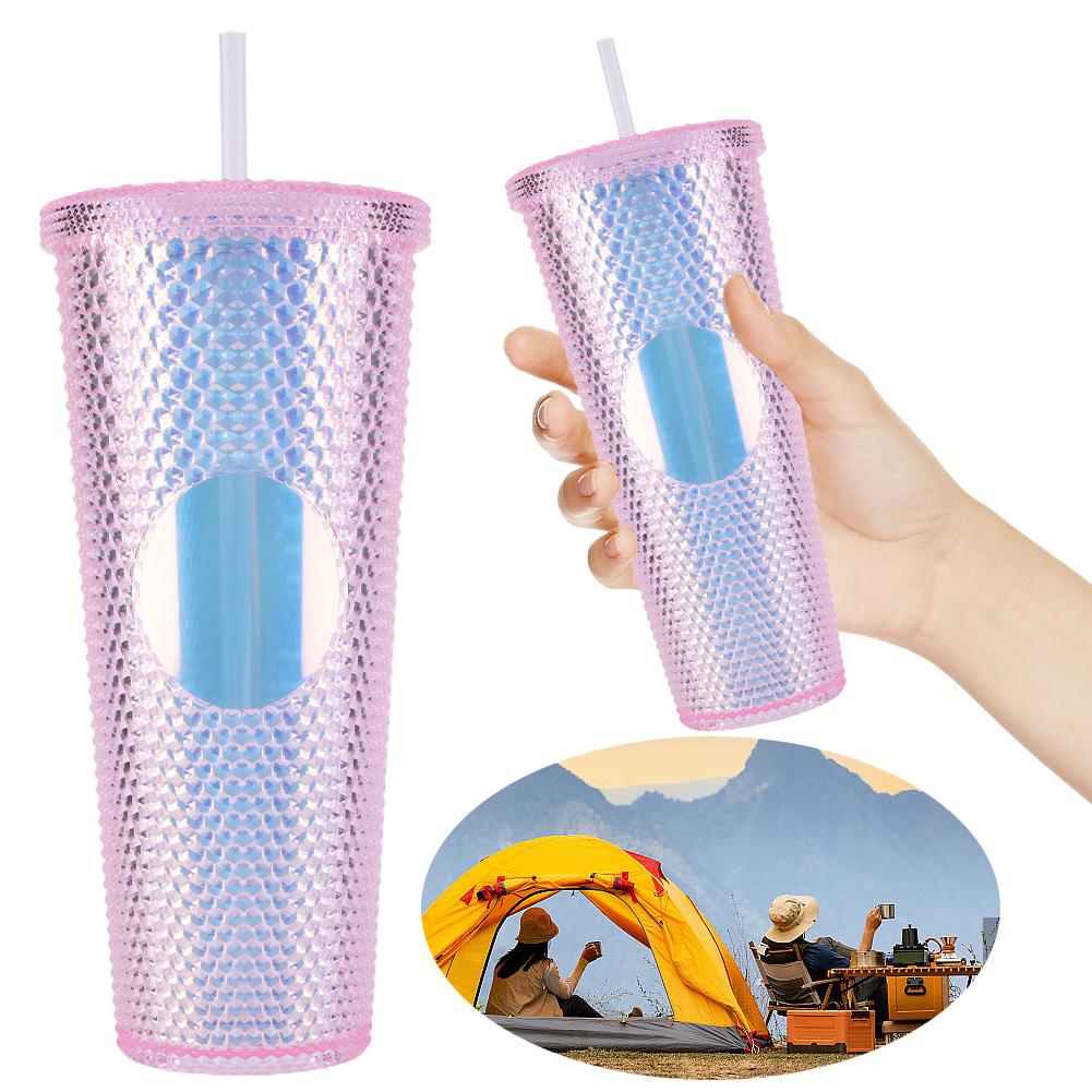 710ml Polymer Straw Cup Rhinestone Rivet Cup Double-Walled Water Tumbler Large Capacity Travel Mug Designed For Home and Outside High Quality