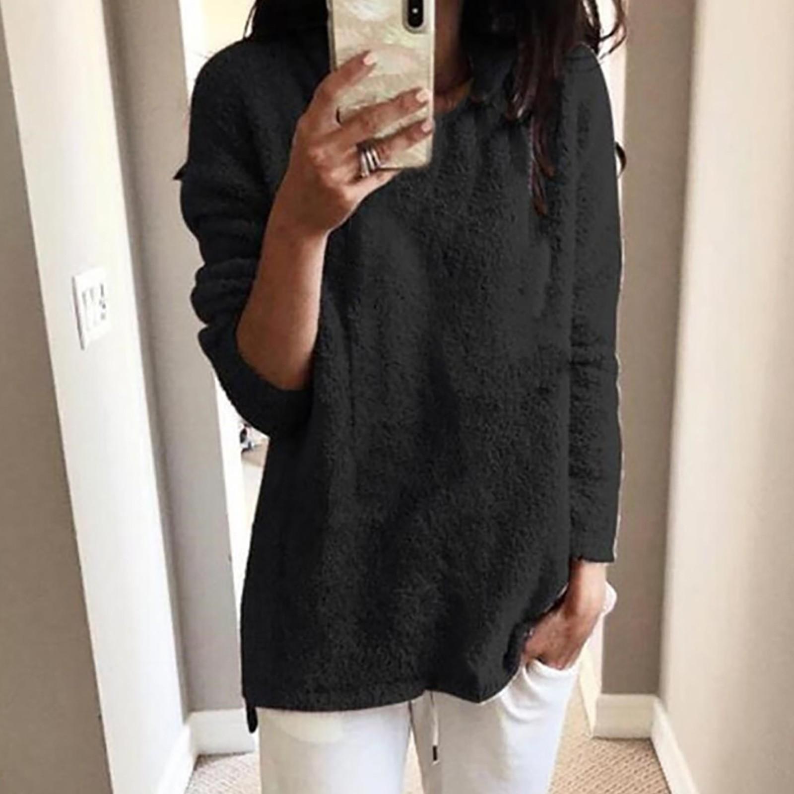 

Женский классический осенне-зимний модный плюшевый теплый пуловер с круглым вырезом XXXL чёрный