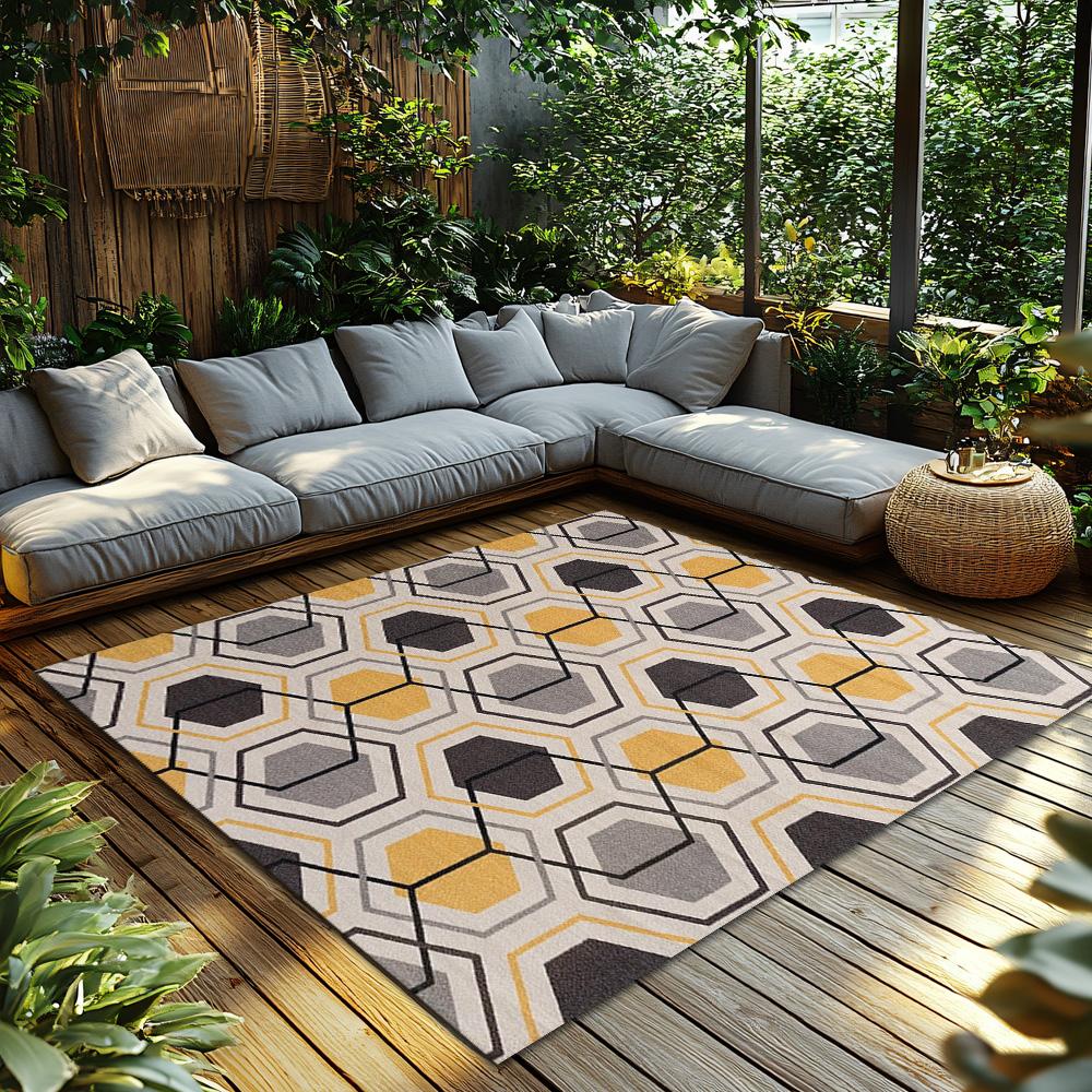 Yellow Gray Geometric Bohemian Rug, Modern Pattern Non-Slip Carpet, Cozy Living Room Mat for Scandinavian Decor