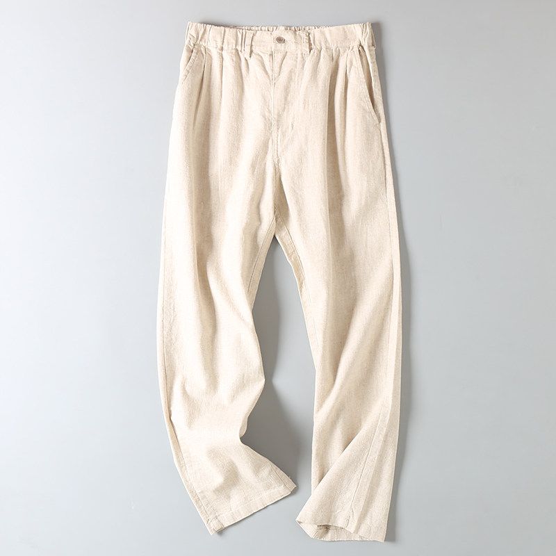 Foreign Trade Surplus Summer Ramie Long Pants Basic Simple High-Waisted Casual Pants Thin Breathable Elastic Waist Cotton-Linen Pants