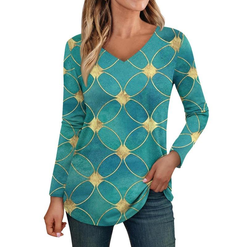 

Женские топы с длинным рукавом, рубашки с V-образным вырезом, повседневные футболки с цветочным принтом, базовые модные футболки, блузки, осенние туники, облегающие футболки для женщин 6XL зелёный