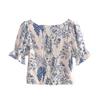 Summer Vintage Ivory Blue Flower Print Shirt Retro Elastic Ruched Back Square Collar Short Sleeve Short Blouse Tank Top Tops