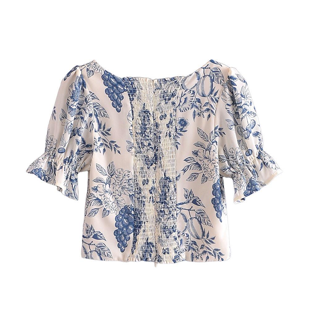 Summer Vintage Ivory Blue Flower Print Shirt Retro Elastic Ruched Back Square Collar Short Sleeve Short Blouse Tank Top Tops