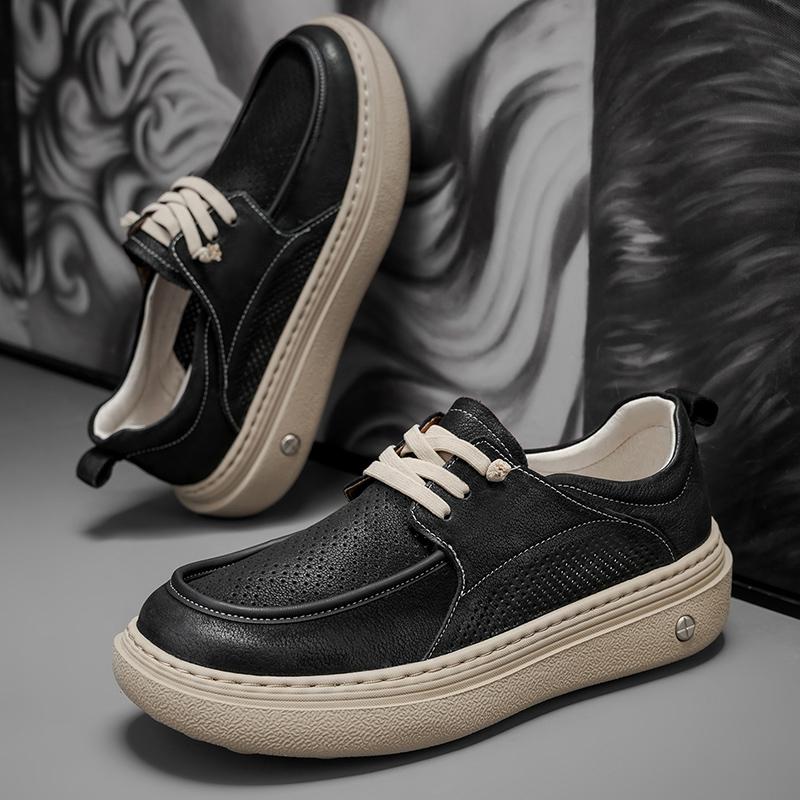 Herren Schwarze Leder Sportschuhe Atmungsaktiv Lässig Schnürschuhe Dicksohlige Schuhe Outdoor Walking Modeschuhe Designerschuhe Slipper