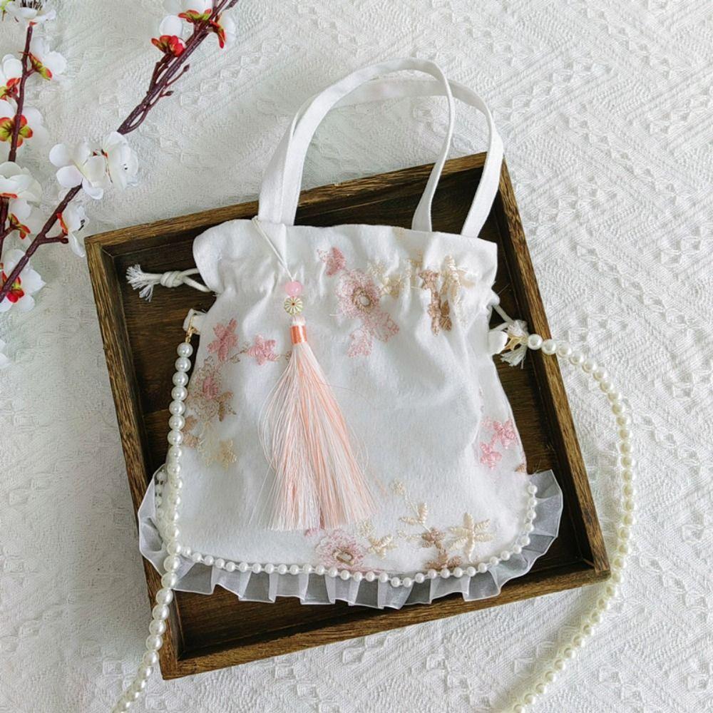 

Embroidery Flower Canvas Ethnic Handbag Pearl Strap Chinese Style Crossbody Bag Female/Girls E