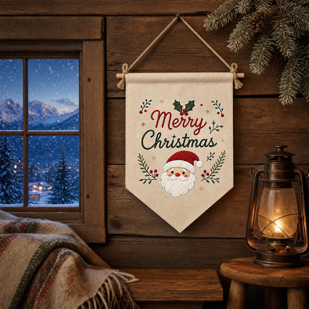DIY Embroidery Kit Christmas Scene Triangle Wall Hanging Flag Beginner Printed Canvas Hoop Needle Thread Organizer Decor