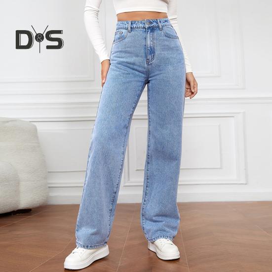 Dámské Džíny Vysoký pas Zip Zapínání na knoflík Jednobarevný Slim Fit Široká noha Retro Rovné kapsy Měkké stálobarevné Dámské Džínové kalhoty