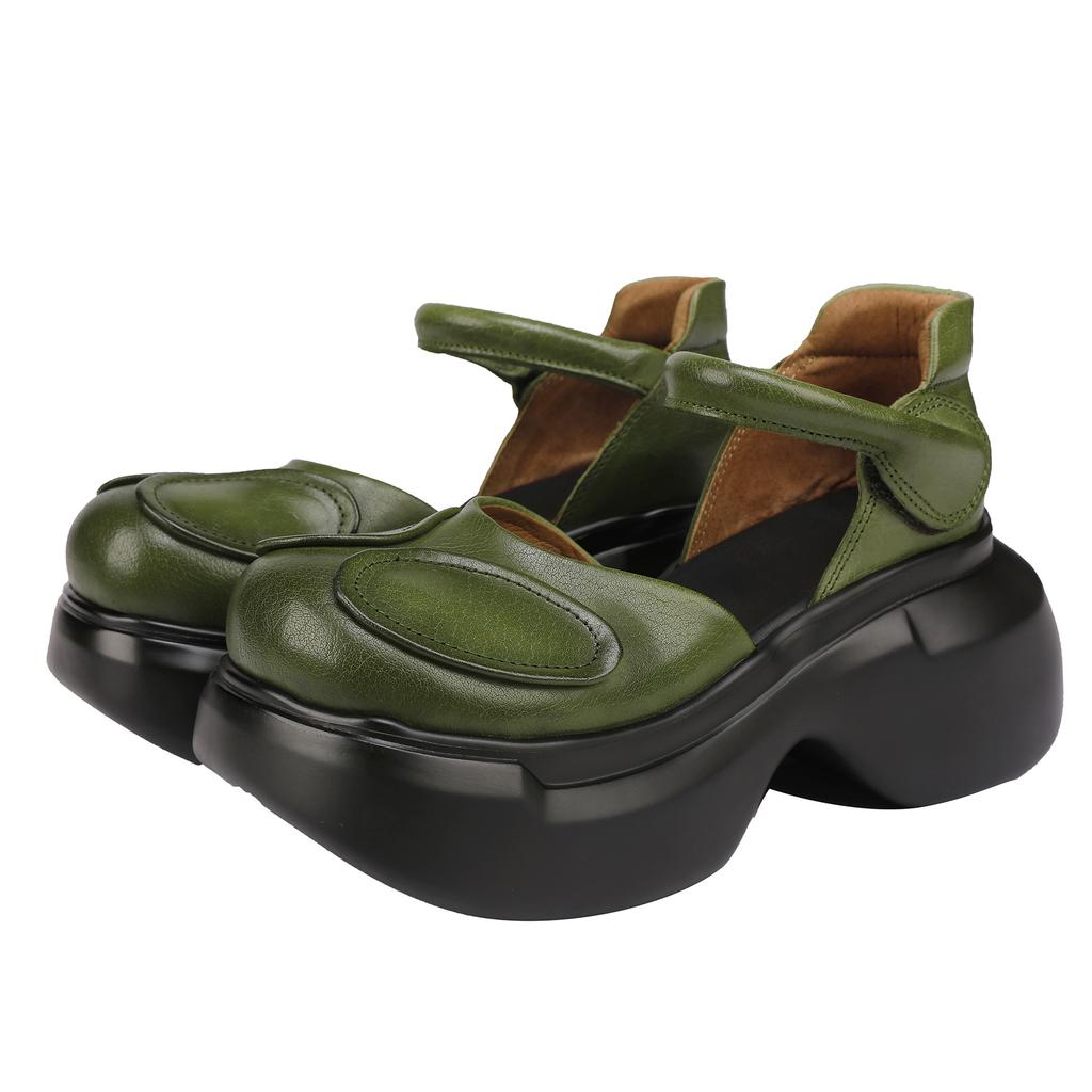 Johnature Mary Jane Round Toe Thick Soled Sandals Genuine Leather Comfortable Women's Shoes