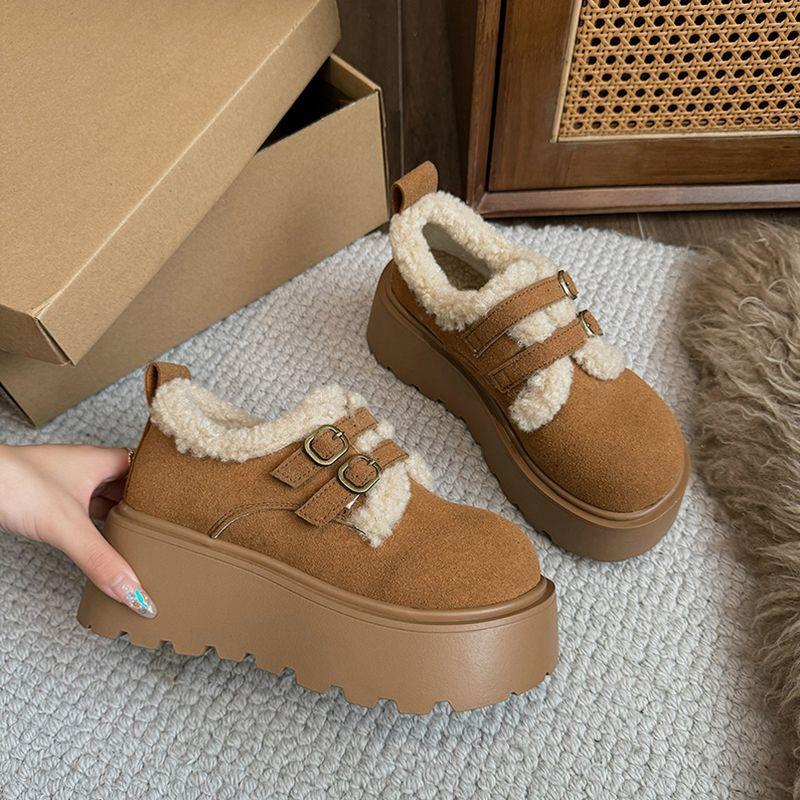 

Бархатные теплые хлопковые туфли на толстой подошве в иностранном стиле для женской осени и зимы 2025 года, лоферы, сноубутсы за пределами северо-востока 35 малиновый