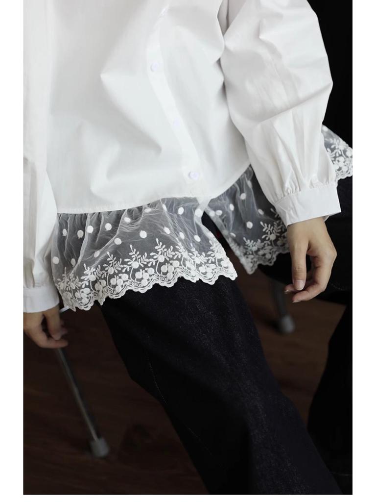 2025 Spring French White Lace Patchwork Shirt - Korean Style Retro Slimming Loose Long-Sleeved Women's Top
