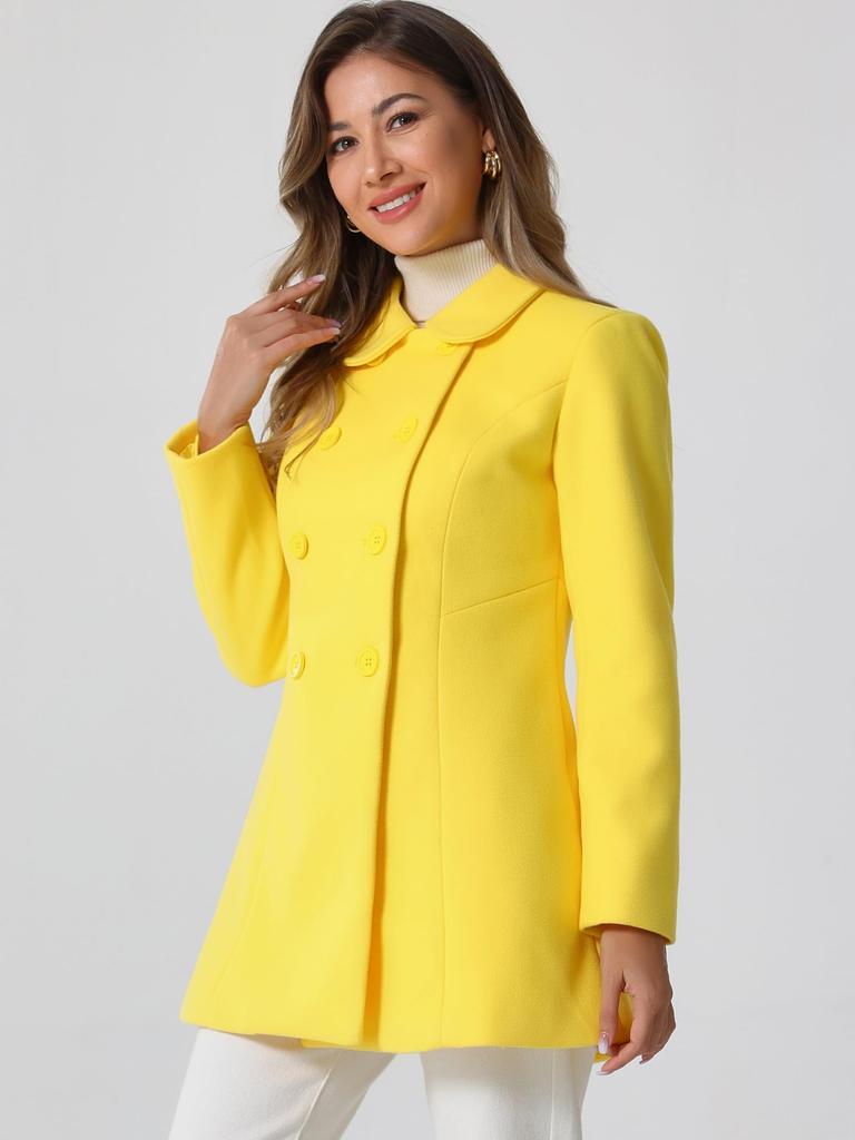 Allegra K Women's Double-Breasted Trench Coat with Round Collar, Long Sleeves, and Cold Weather Protection for Fall and Winter, Yellow, Size S