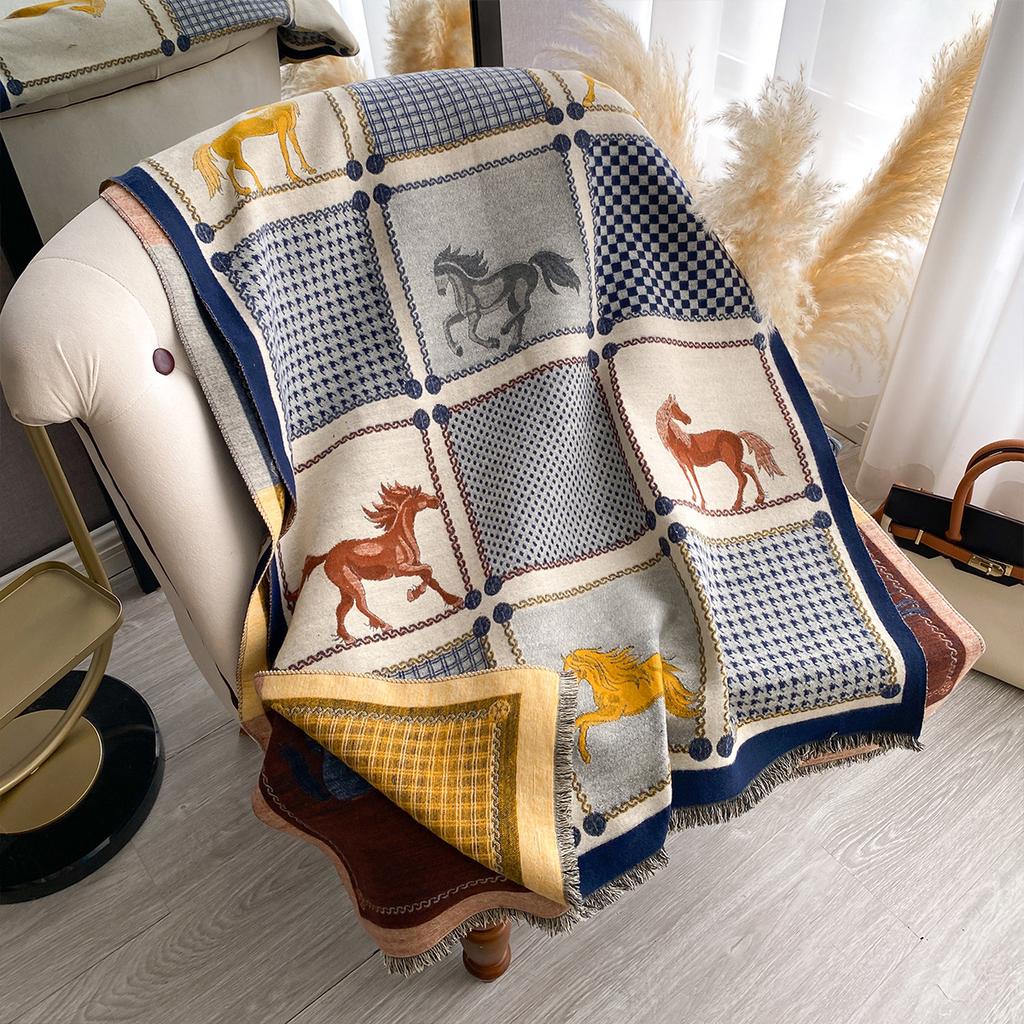 New Women Imitation Cashmere Two-Side Plaid Horse Print Scarf Soft Warm Pashmina Shawl Autumn Winter Coldproof Windproof Blanket