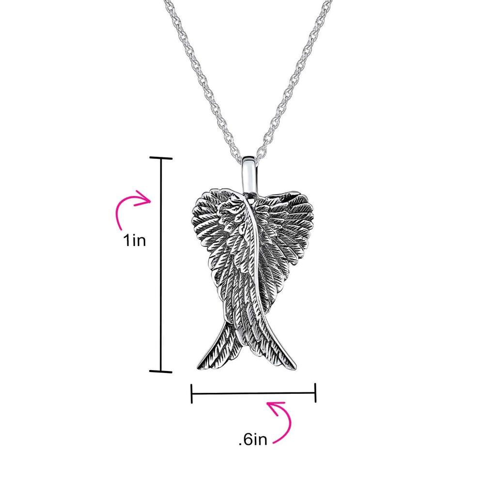 Antiqued Sterling Silver Small Unique Amulet Feather Heart Guardian Angel Wing Pendant Necklace for Women and Teenagers .925