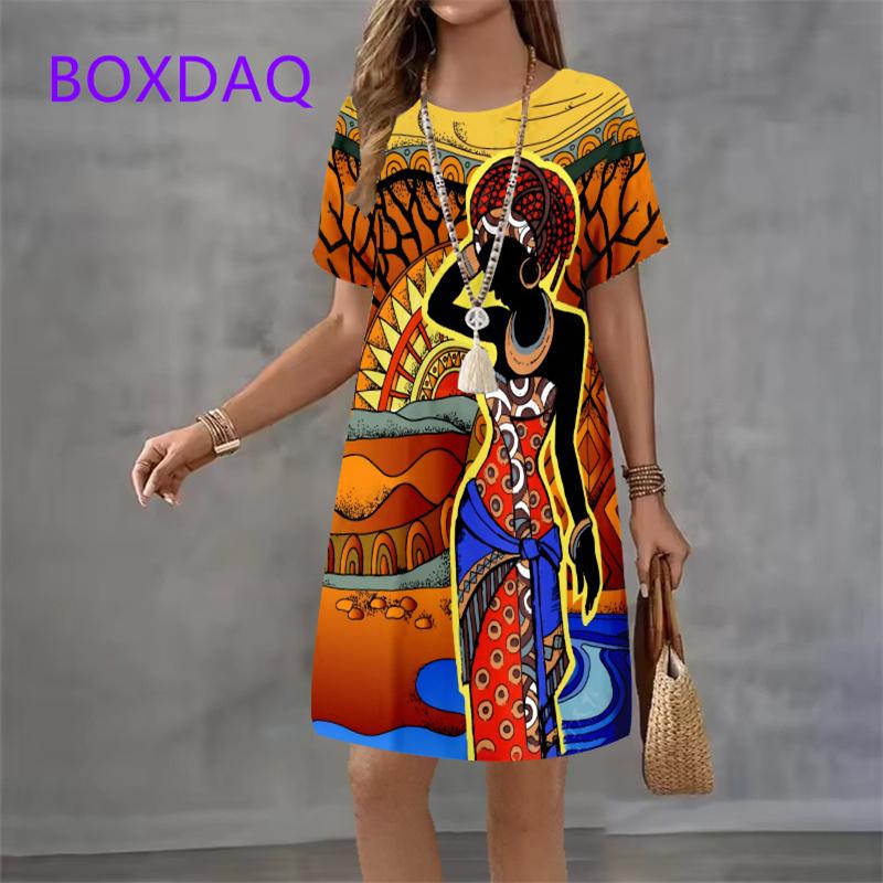 

Vintage Ethnic Tribal Style Print Women Dress New 2025 Summer Sundress Short Sleeve O-Neck Loose Casual Mini Dress Female XL