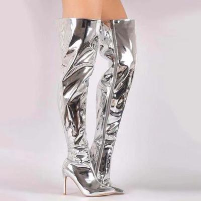 Women Boots Mirror Platform Pointy Toe Punk High Thin Heels Over The Knee Long Boots Autumn Winter Zip Silver Casual Party Shoes