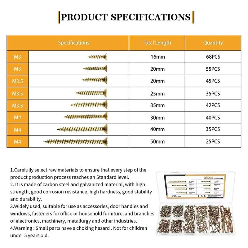 345pcs Self-Tapping Screws Kit - M3/M4 Phillips & Countersunk Head for Woodworking & Fiberboard