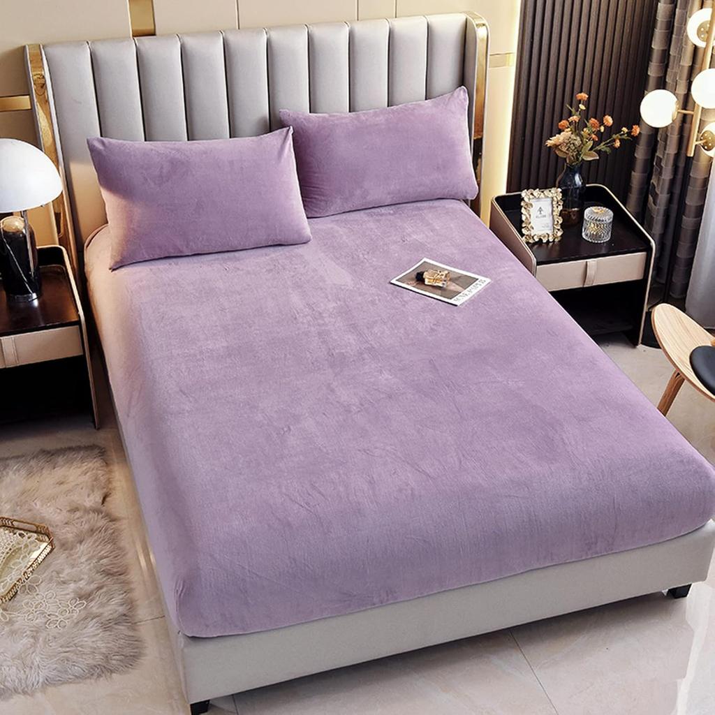 Samt Spannbettlaken Einzelbettgröße, Fleece Plüsch Bettlaken Matratzenschonerbezug mit 15'' Tiefes Eckteil Warm Flauschiges Unterbett Lavendel