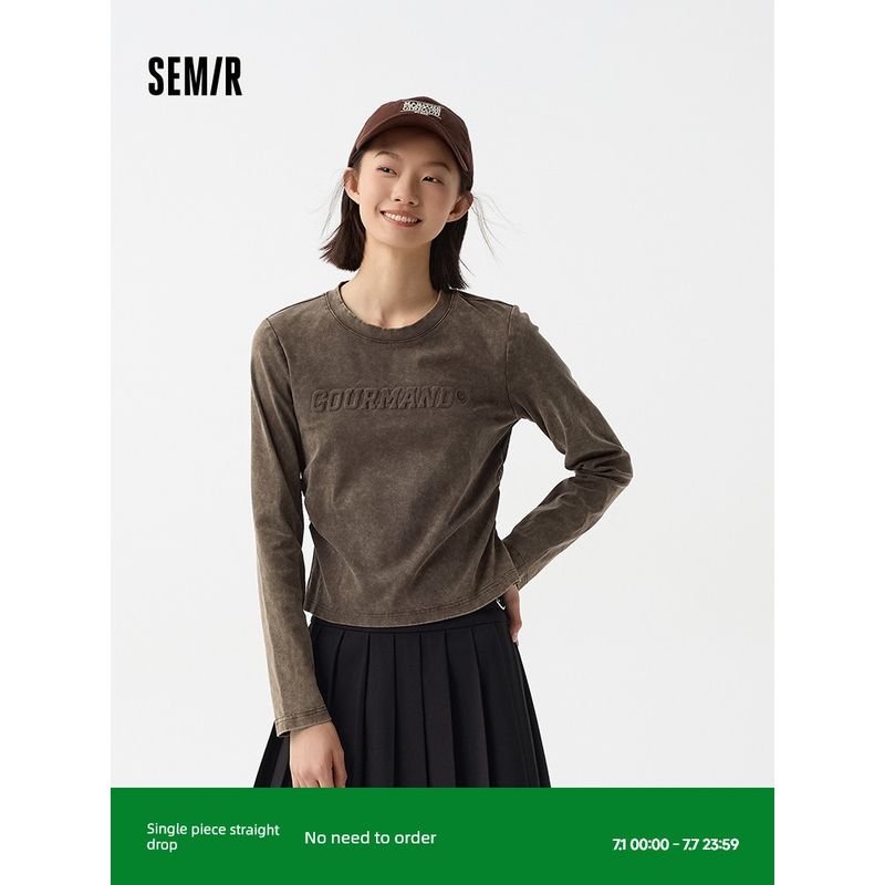 

Senma Long Sleeves T-shirt Women s Short Distressed Retro Tight 2024 New Arrival Spring Street Tops Inner Wear Base Coffee 50800 155/80A/S