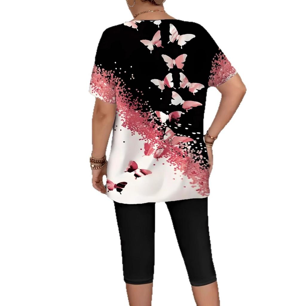 Nova Camiseta Casual de Moda Feminina Plus Size de Verão com Gola Redonda e Estampa de Borboleta para Europeus e Americanos