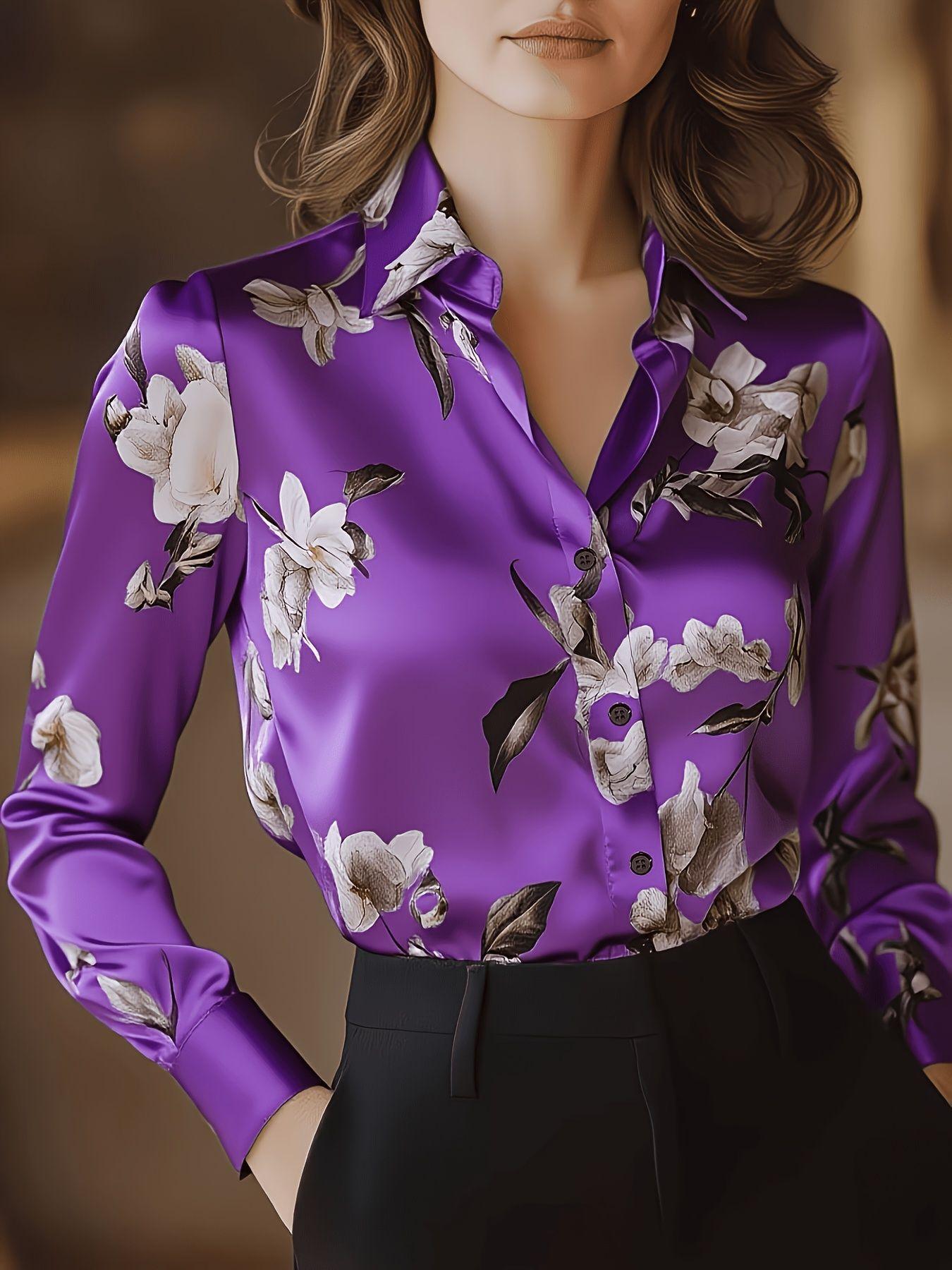 

Elegant floral print women s blouse, all-season wearable, ideal for daily commuting 2XL фіолетовий