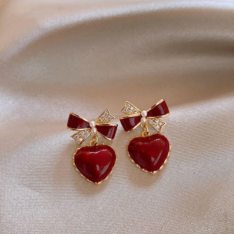 Red Bow Heart Earrings: Women's Chic Luxury, Unique & Exquisite Douyin Trend