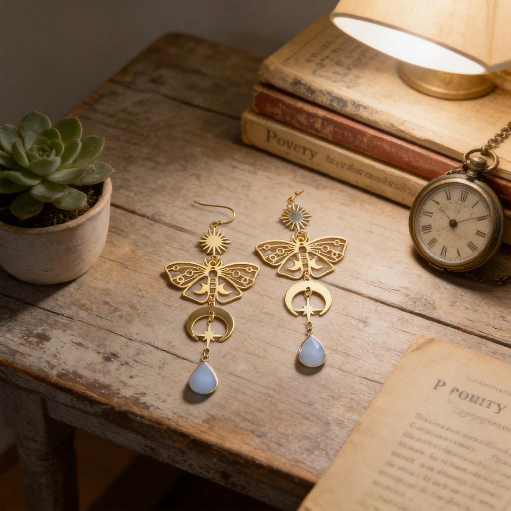Bohemian Gold Moon And Sun Butterfly Dangle Earrings For Women