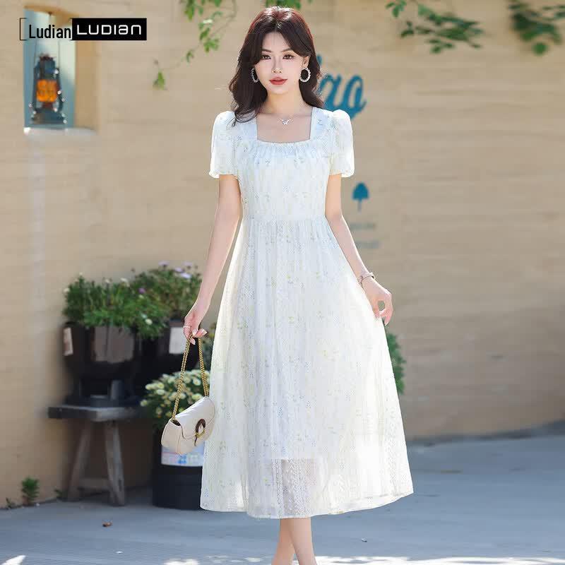 LUDIan Women s Embroidered Square Neck Puff Sleeve Dress 180/100A