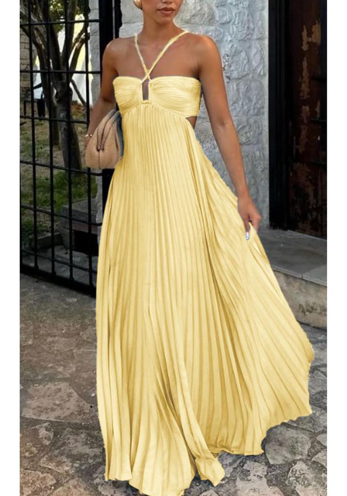 Europäisches/Amerikanisches Trägerloses Plissee-Neckholder-Kleid - Damen Sommer Einfarbig Ärmellos Strand Resort Kleidung
