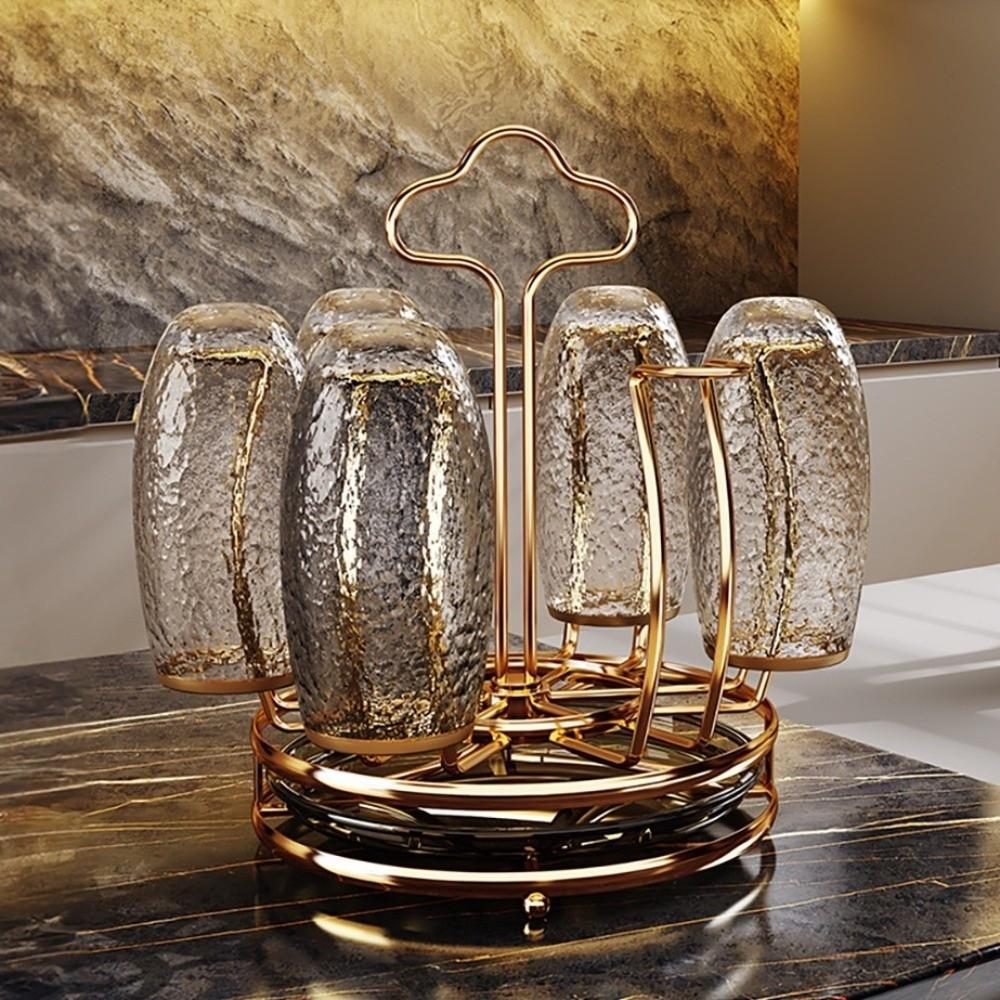 Large Capacity Cup Holder with Water Drain Tray 360° Rotation Glass Cup Storage Rack Bar