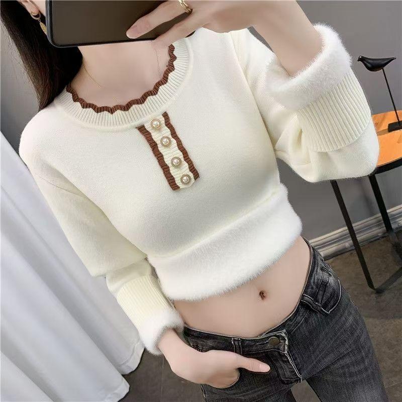 Round Neck All One Velvet Autumn Winter Slim Warm Top Thickened Knitted Sweater for Women