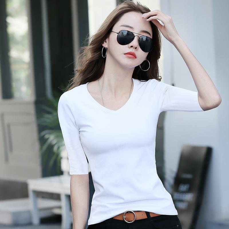 Women's T-Shirt Mid-Sleeve Women Bottoming Shirt with Half-Sleeve Woman T-Shirt Tight V-Neck Tops Tees