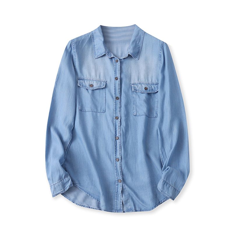 Tencel Fashion Polo Collar Single-Breasted Casual Denim Shirt