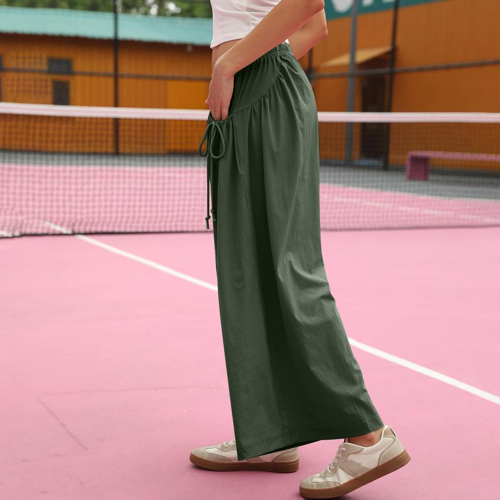 Women's Loose Wide-leg Sweatpants, With Drawstring Pockets, Elastic Waistband, Three-quarter Length, Hiking Pants