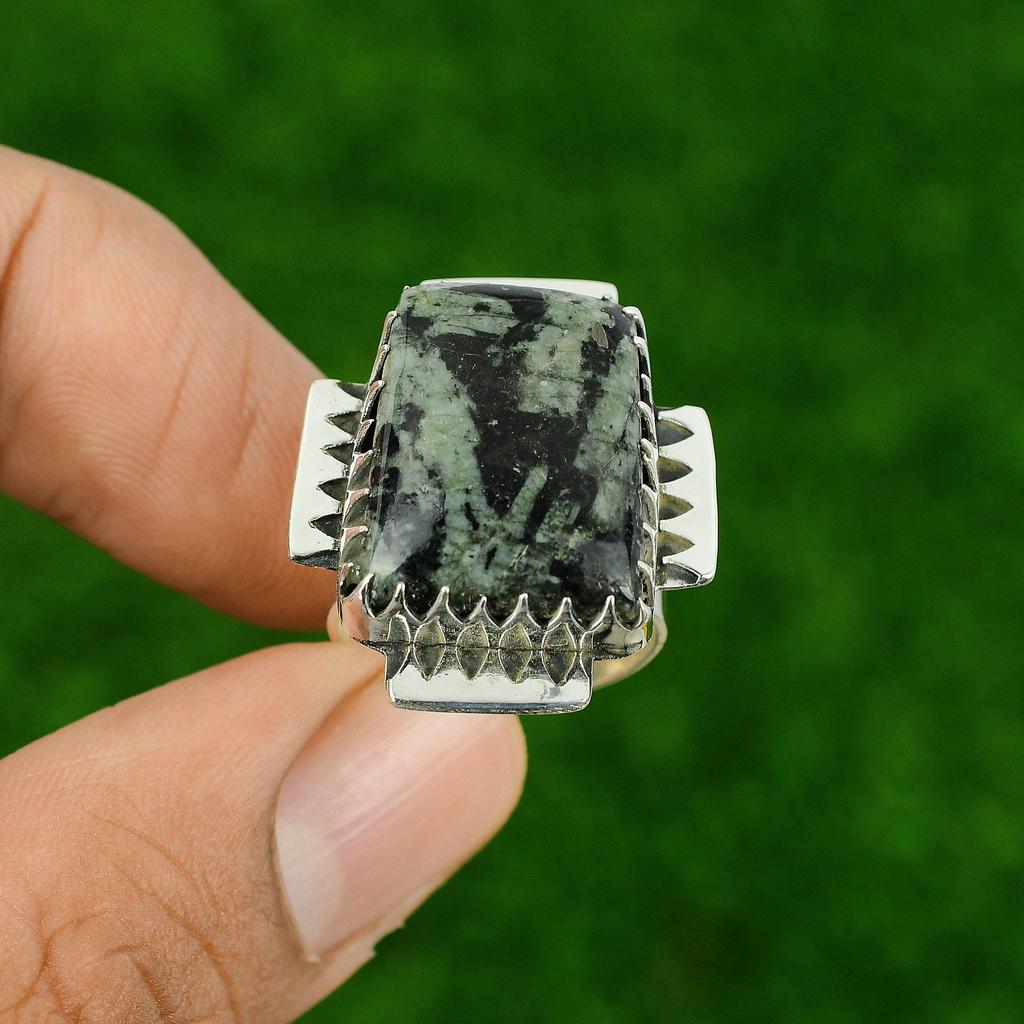 925 Sterling Silver Green Rice Jasper Stone Trendy Solitaire Ring Jewelry US 7.5