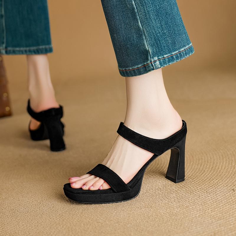 Fashion Women's New Genuine Leather Summer Leopard Pattern Exposed Toe Thick Sole Waterproof Platform High-heeled Fashion Slippers