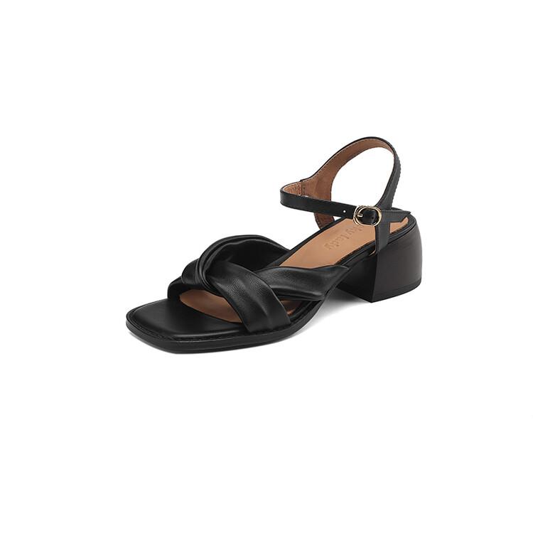 Fashion Genuine Leather Women Sandals 2025 Summer Shoes for Women Casual Gladiator Women Shoes Vintage Sheepskin Chunky Heel Sandals
