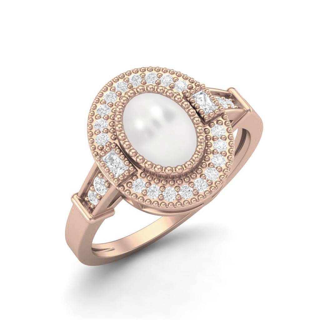 1.48 Ctw Oval Shape Pearl 925 Sterling Silver Rose Vermeil Solitaire Halo Women Bridal Ring
