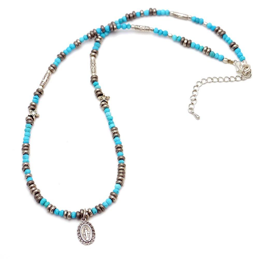 Silver One hi Sterling Silver 925 Miraculous Medal Virgin Mary Turquoise Bead Necklace for Men (Blue) [Width 4mm, Length 46cm]