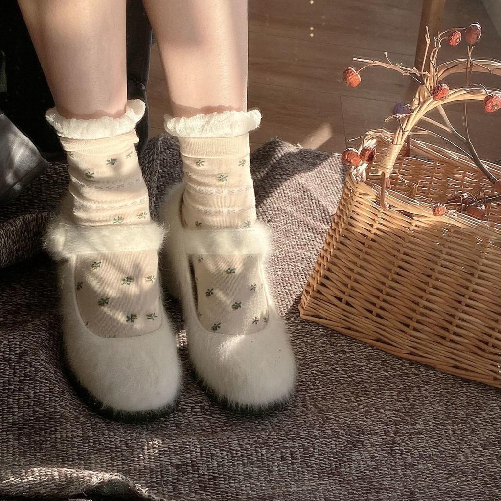 2025 Autumn and Winter New Mink Hair Velvet Mary Jane High Heels Round Head Thick Heel Versatile Lamb Wool Shoes Women