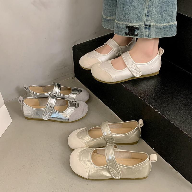 Flat silver single shoes women's summer new with skirt Velcro Mary Jane shoes Doudou shoes