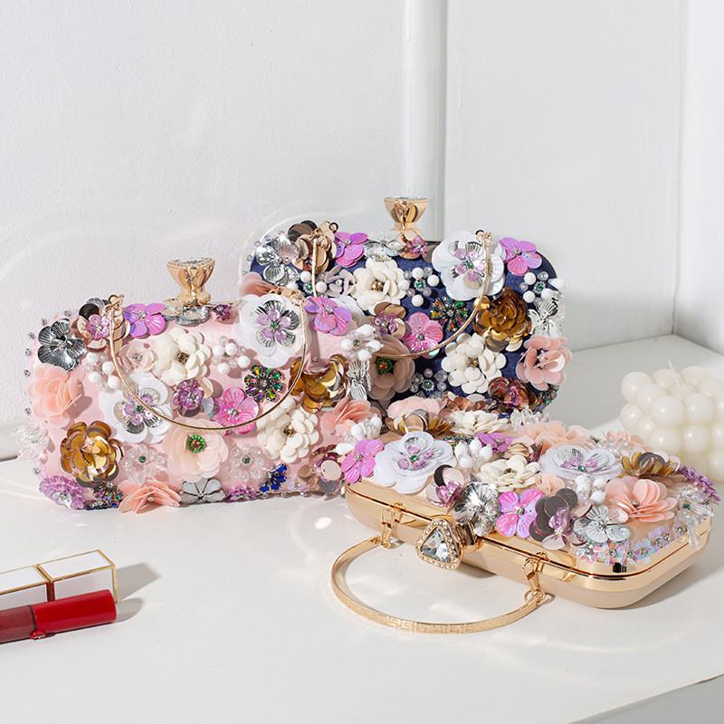 Elegant Pearl Beaded Flower Evening Bag With Satin Interior For Ladies Party Wear